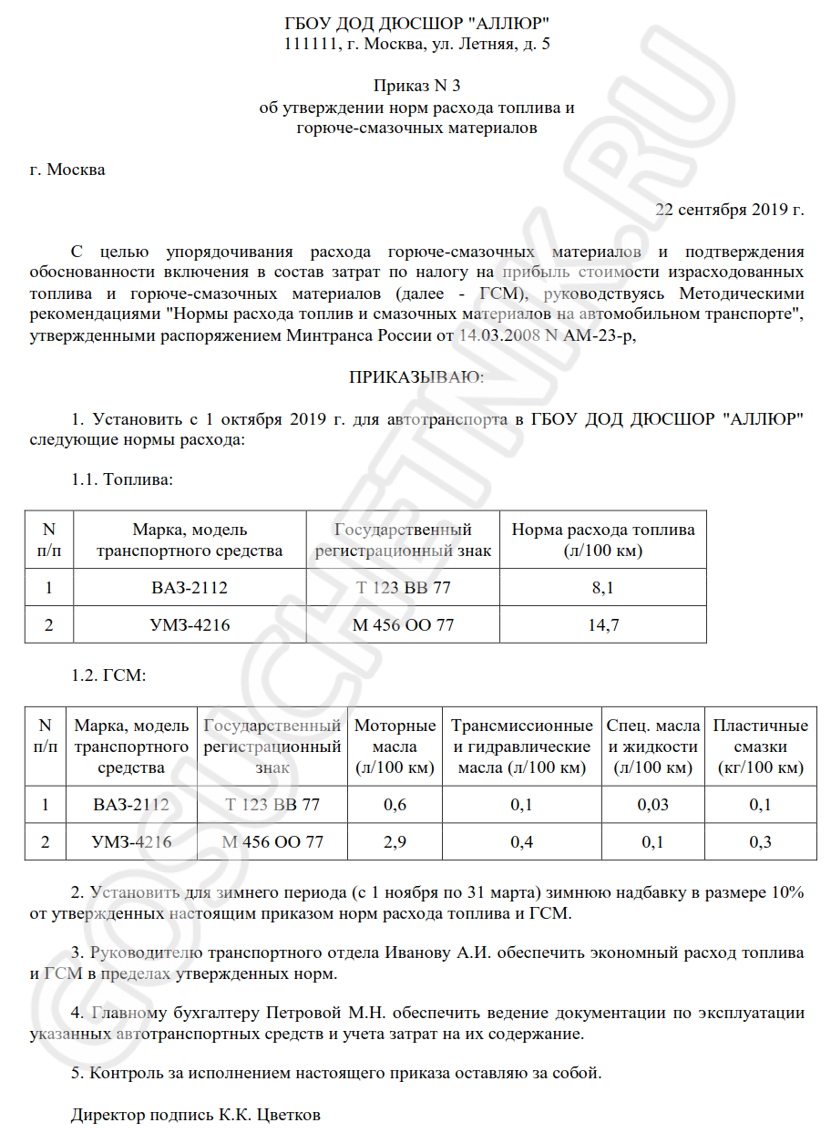 Приказ об утверждении норм расхода топлива образец