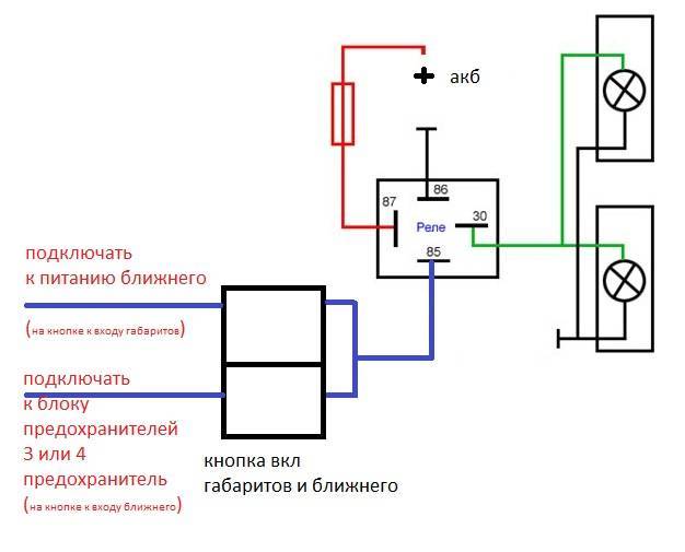 Подключение дополнительных фар через реле схема и кнопку